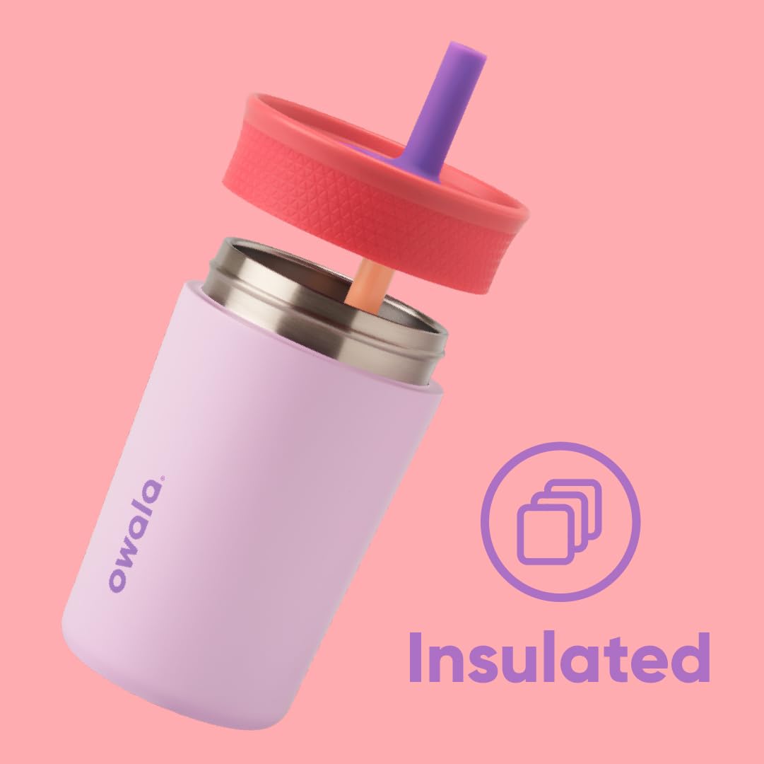 12 oz Owala Kids Stainless Steel Insulated Tumbler with Spill-Resistant Flexible Straw, Easy to Clean, Dishwasher Safe, Pink & Purple, Lilac Rocket, Travel Water Bottle