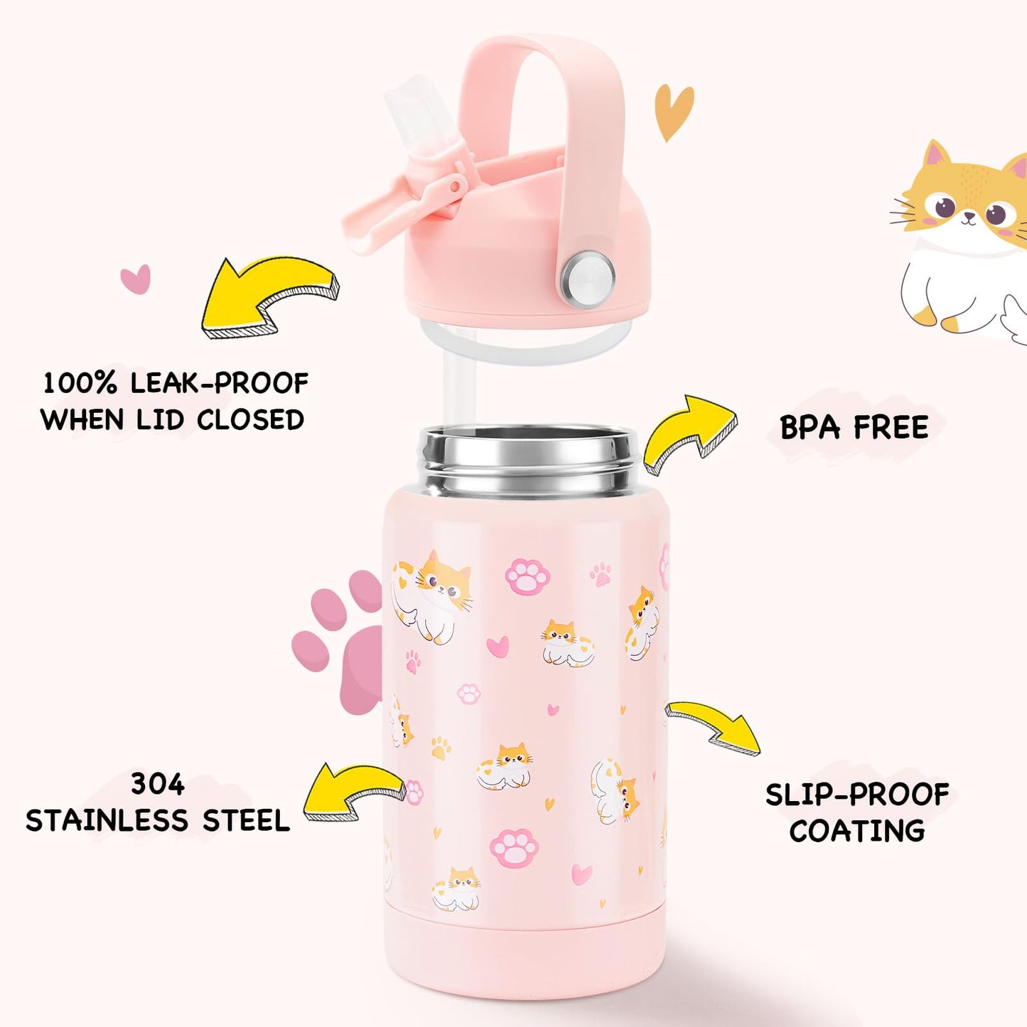 12 oz Kerilyn Kids Stainless Steel Insulated Water Bottle with Straw, Leak-Proof, BPA-Free, Kitty Design, Toddler Cup for School Boys & Girls