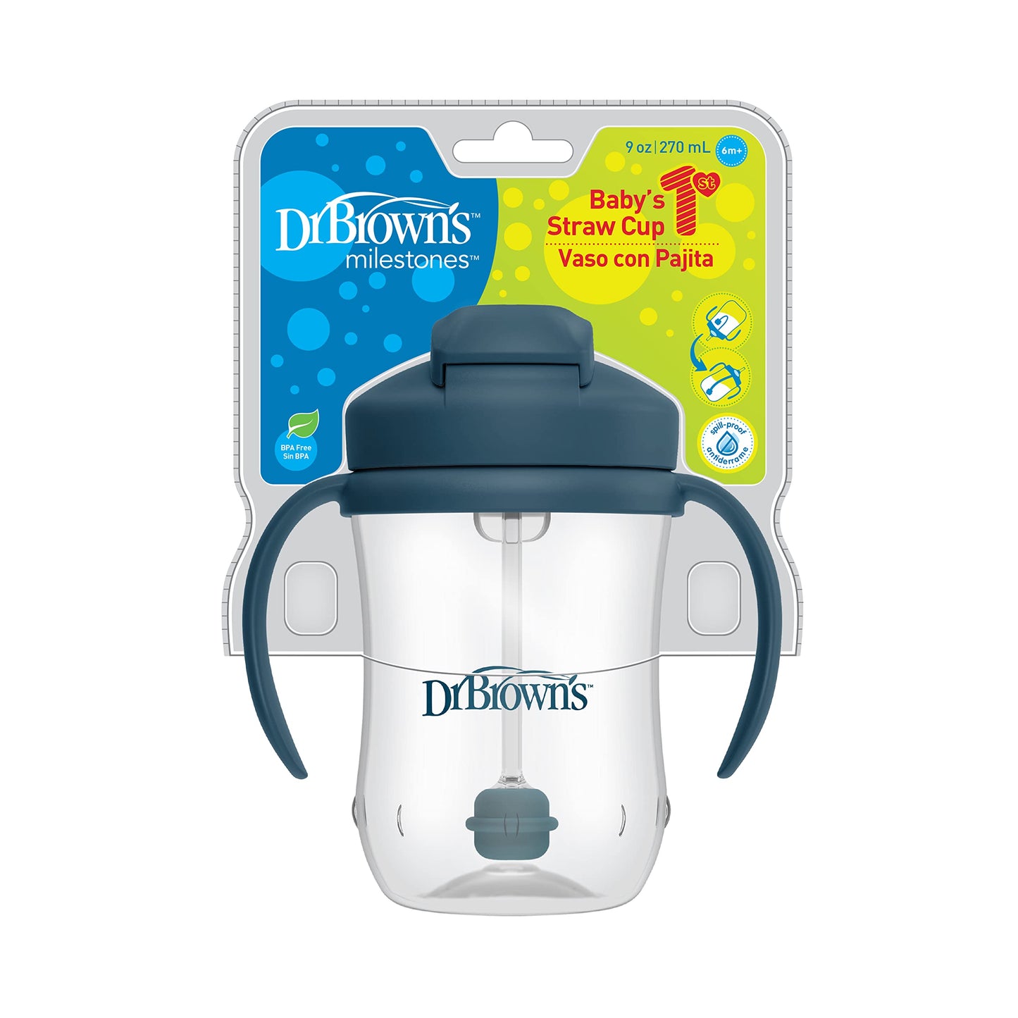 Dr. Brown's Milestones Baby's First Straw Cup – 9 oz/270 mL Training Cup with Weighted Straw, BPA-Free, Dark Blue, for Babies 6 Months+