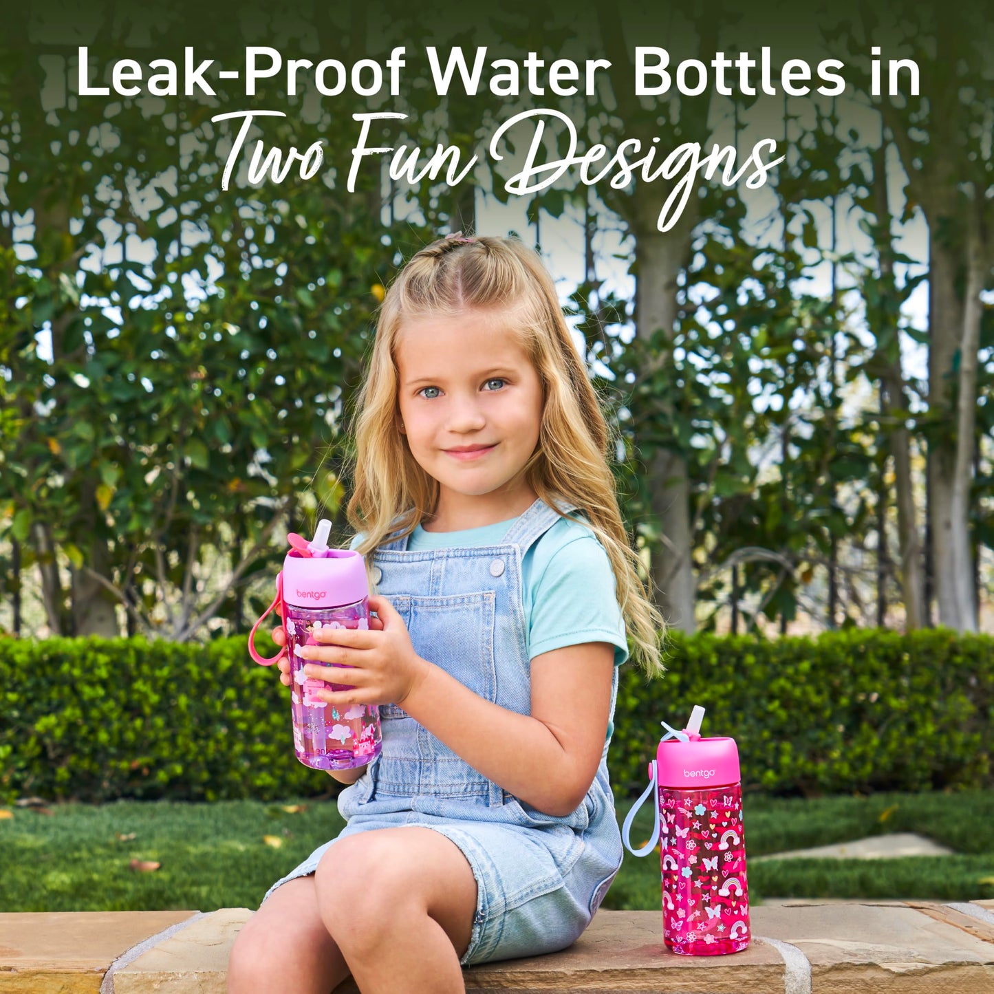 2 Pack 15 oz Bentgo Kids Water Bottles, Leak-Proof Durable Tritan, BPA-Free, Flip-Up Straw, Dishwasher Safe, Rainbows & Butterflies / Fairies, Ages 3+, School, Sports, Daycare, Camp