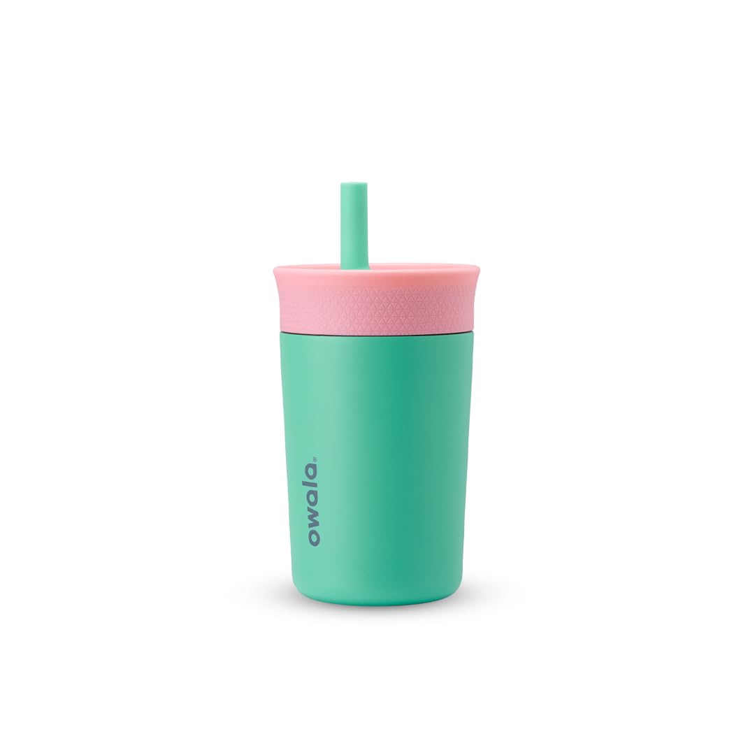 12 oz Owala Kids Stainless Steel Insulated Tumbler with Spill-Resistant Flexible Straw, Easy to Clean, Dishwasher Safe, Pink & Teal, Real Cool Fish, Travel Water Bottle