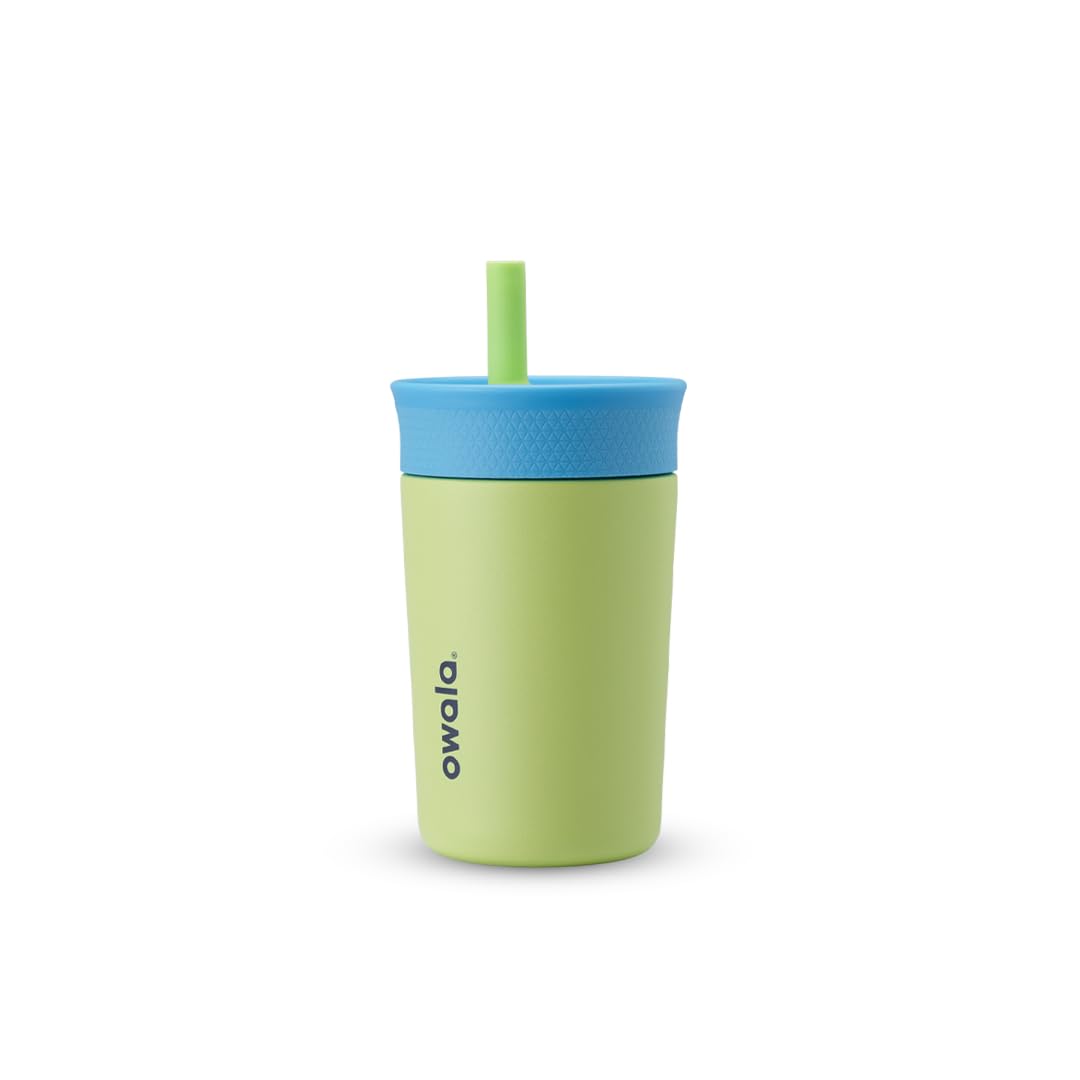 12 oz Owala Kids Stainless Steel Insulated Tumbler with Spill-Resistant Flexible Straw, Easy to Clean, Dishwasher Safe, Blue & Light Green, Turtley Awesome, Travel Water Bottle