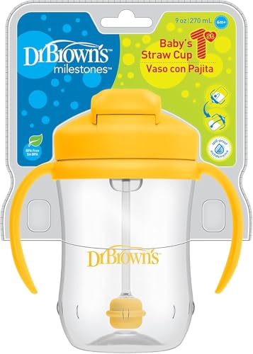 Dr. Brown's Milestones Baby's First Straw Cup – Training Cup with Weighted Straw, 9 oz/270 mL, Vintage Yellow, BPA-Free, for Babies 6 Months+