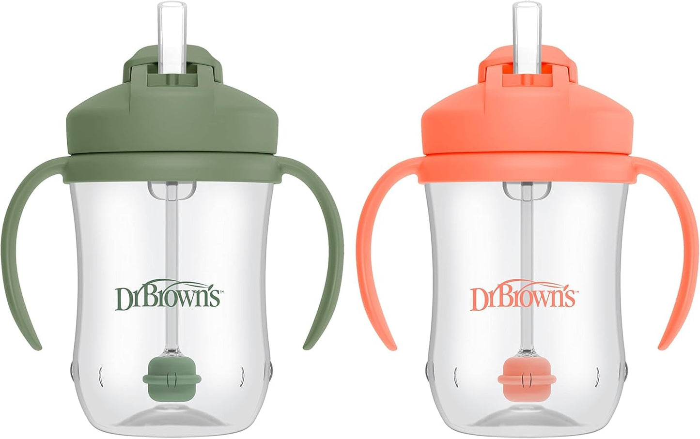 Dr. Brown's Milestones Baby's First Straw Cup – Sippy Cup with Weighted Straw, 9 oz/270 mL, 2-Pack (Coral & Olive Green), BPA-Free, for Babies 6 Months+