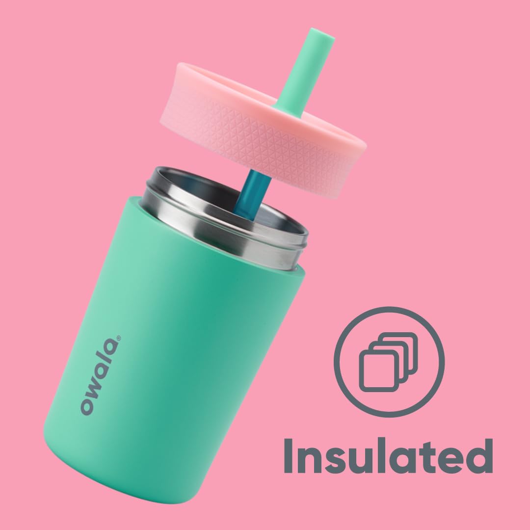 12 oz Owala Kids Stainless Steel Insulated Tumbler with Spill-Resistant Flexible Straw, Easy to Clean, Dishwasher Safe, Pink & Teal, Real Cool Fish, Travel Water Bottle