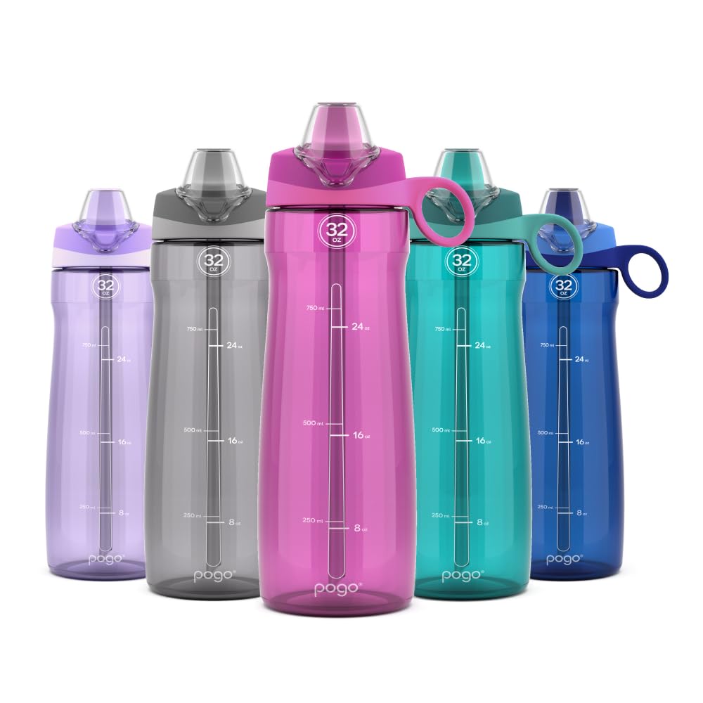 Pogo Plastic Water Bottle with Straw Lid and Carry Handle, Reusable, BPA-Free, Dishwasher Safe, Travel, School, Outdoors, Gym, 32 oz & 40 oz