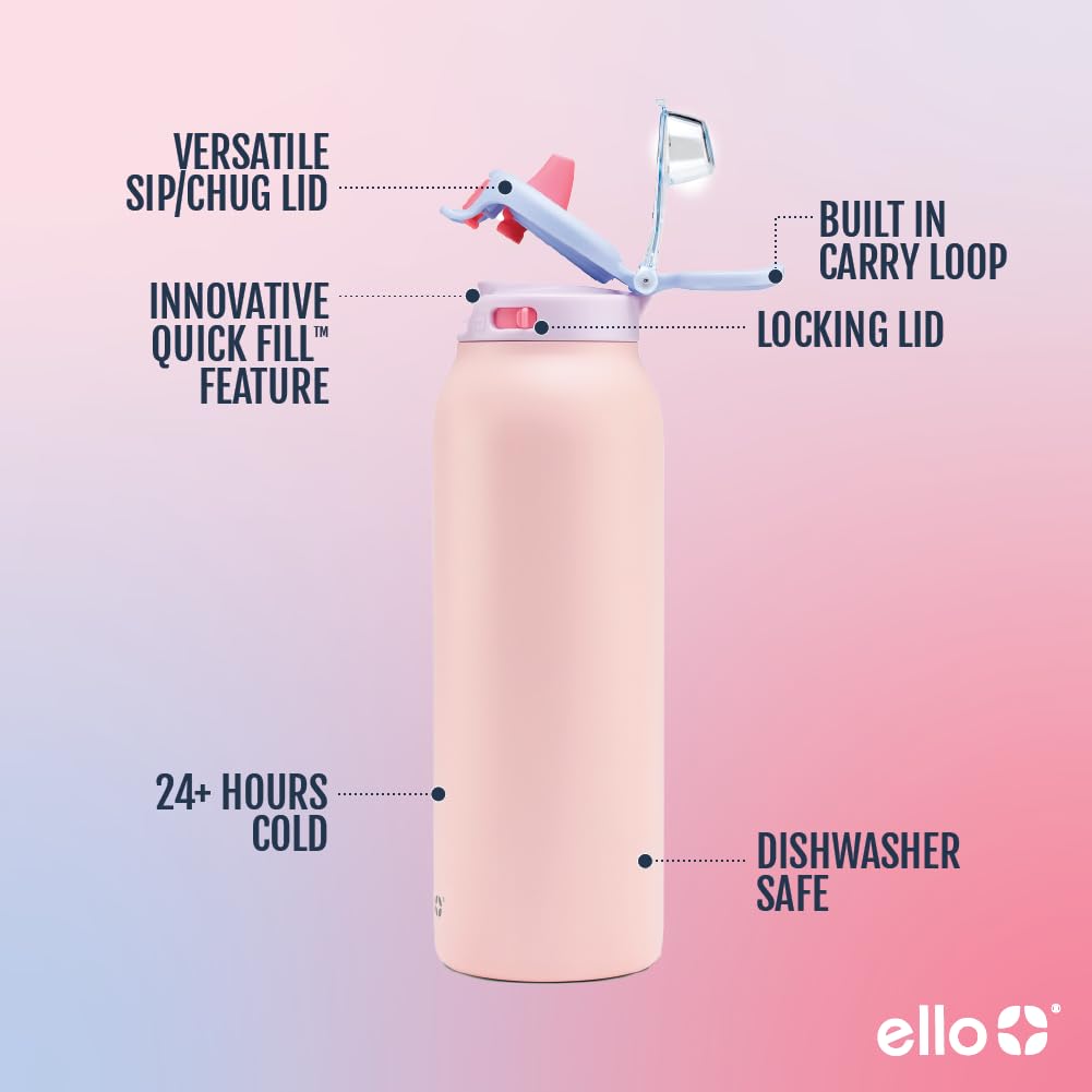 24 oz Insulated Stainless Steel Water Bottle for Sports, 2-in-1 Push-Button Spout & Quick-Flip Straw, Leak-Proof, Car Cupholder Friendly, Cotton Candy, Gym, School, Travel, Camping