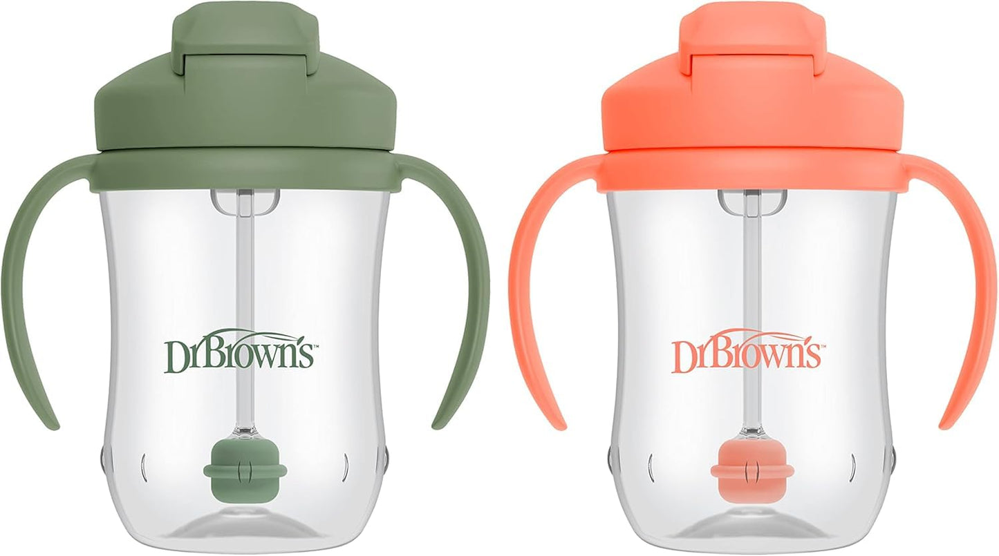 Dr. Brown's Milestones Baby's First Straw Cup – Sippy Cup with Weighted Straw, 9 oz/270 mL, 2-Pack (Coral & Olive Green), BPA-Free, for Babies 6 Months+