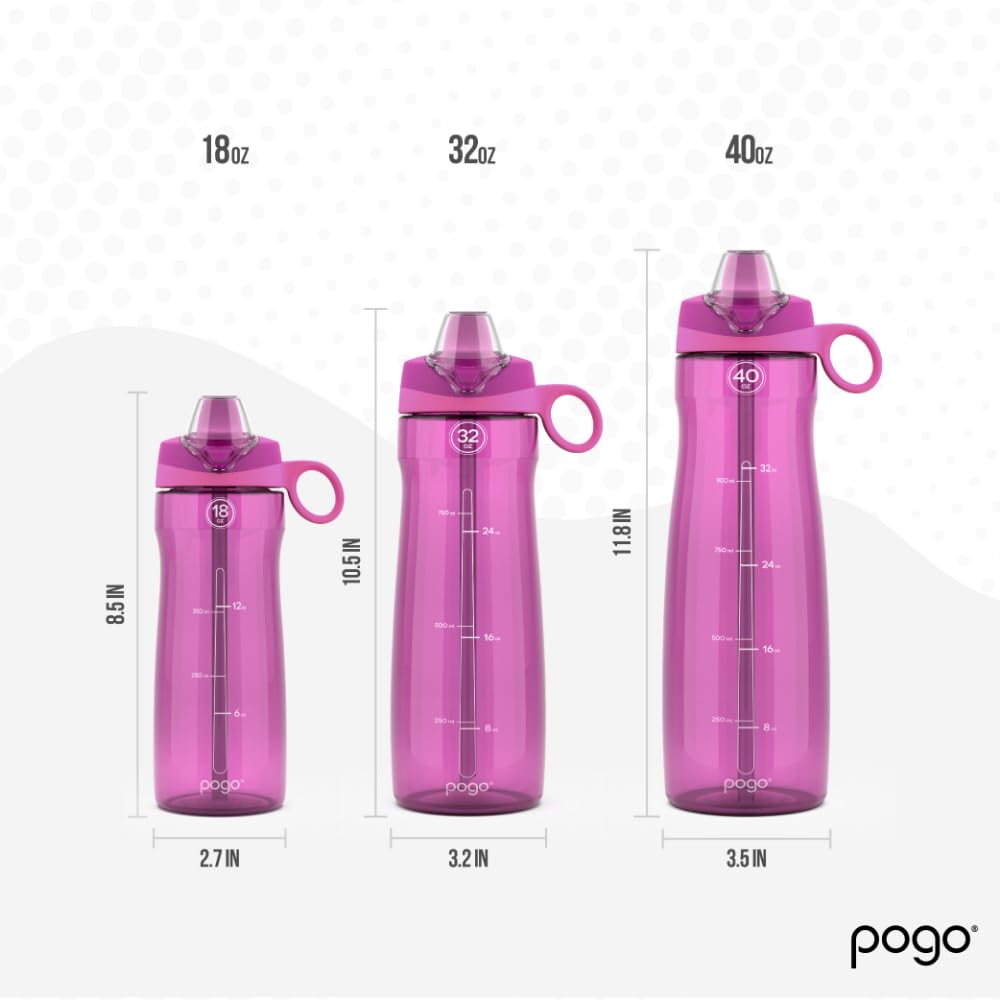 Pogo Plastic Water Bottle with Straw Lid and Carry Handle, Reusable, BPA-Free, Dishwasher Safe, Travel, School, Outdoors, Gym, 32 oz & 40 oz