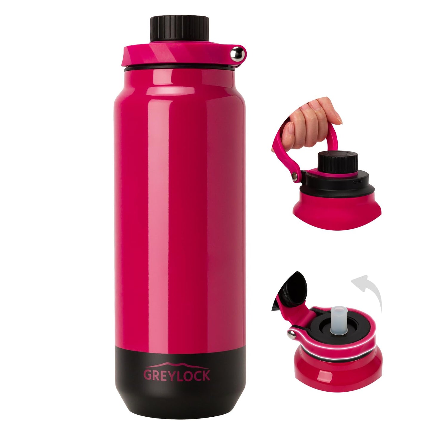 24 oz Greylock Insulated Stainless Steel Water Bottle with Straw Lid, Leak-Proof, Vacuum Flask, Keeps Cold & Hot 24H, Carry Handle, Silicone Spout, BPA-Free, Red, Gym, Hiking, Travel