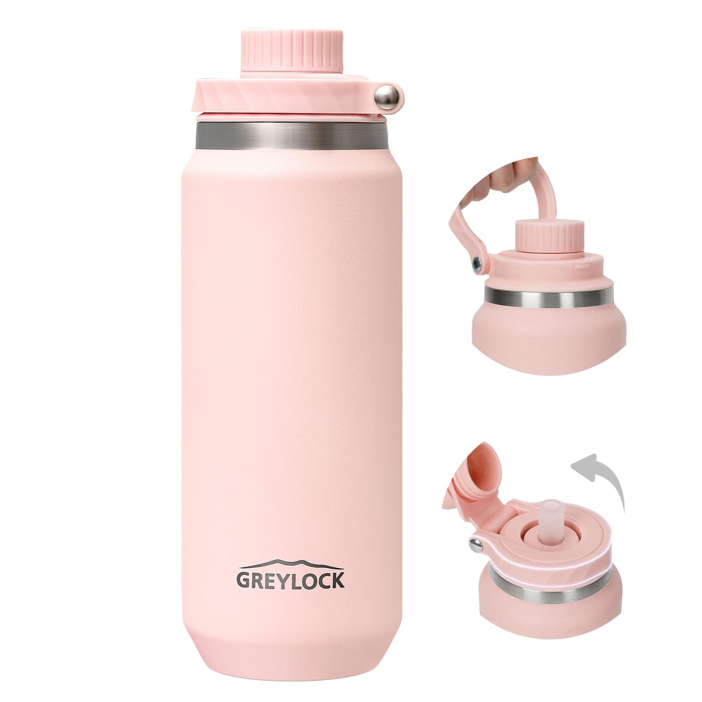 20 oz Greylock Insulated Stainless Steel Water Bottle with Straw Lid, Foldable Handle, Leak-Proof, Double-Wall Vacuum Insulation, Keeps Cold 24H, Light Pink