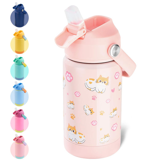 12 oz Kerilyn Kids Stainless Steel Insulated Water Bottle with Straw, Leak-Proof, BPA-Free, Kitty Design, Toddler Cup for School Boys & Girls
