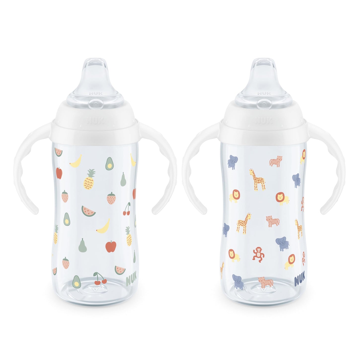 NUK Learner Sippy Cup – 10 oz, 2-Pack, Fun Fruits & Animals Design, Amazon Exclusive, BPA-Free, Spill-Proof, Soft Spout, for Babies 8+ Months