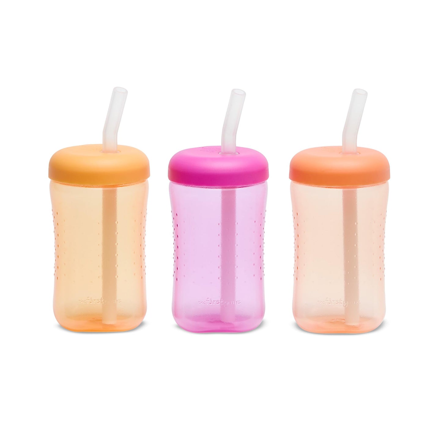 3 Pack 7 oz The First Years Squeeze & Sip Toddler Straw Cups, Squeezable Transition Sippy Cups with Silicone Straw, Yellow, Pink, Orange, Ages 6 Months+