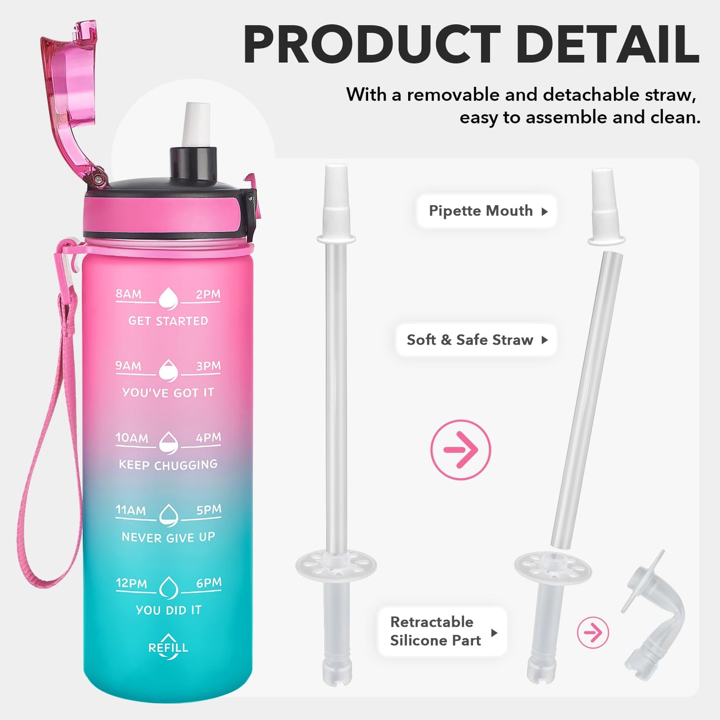 Enerbone Leak-Proof BPA-Free Motivational Water Bottle with Straw and Time Markers, Fitness Sports Bottle with Strap for Office, Gym, Outdoors