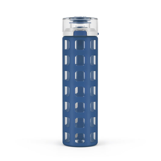 20 oz Ello Syndicate Reusable Glass Water Bottle with One-Touch Leak-Proof Flip Lid, Non-Slip Silicone Sleeve, Carry Loop, BPA-Free, Dishwasher Safe, Bold Blue