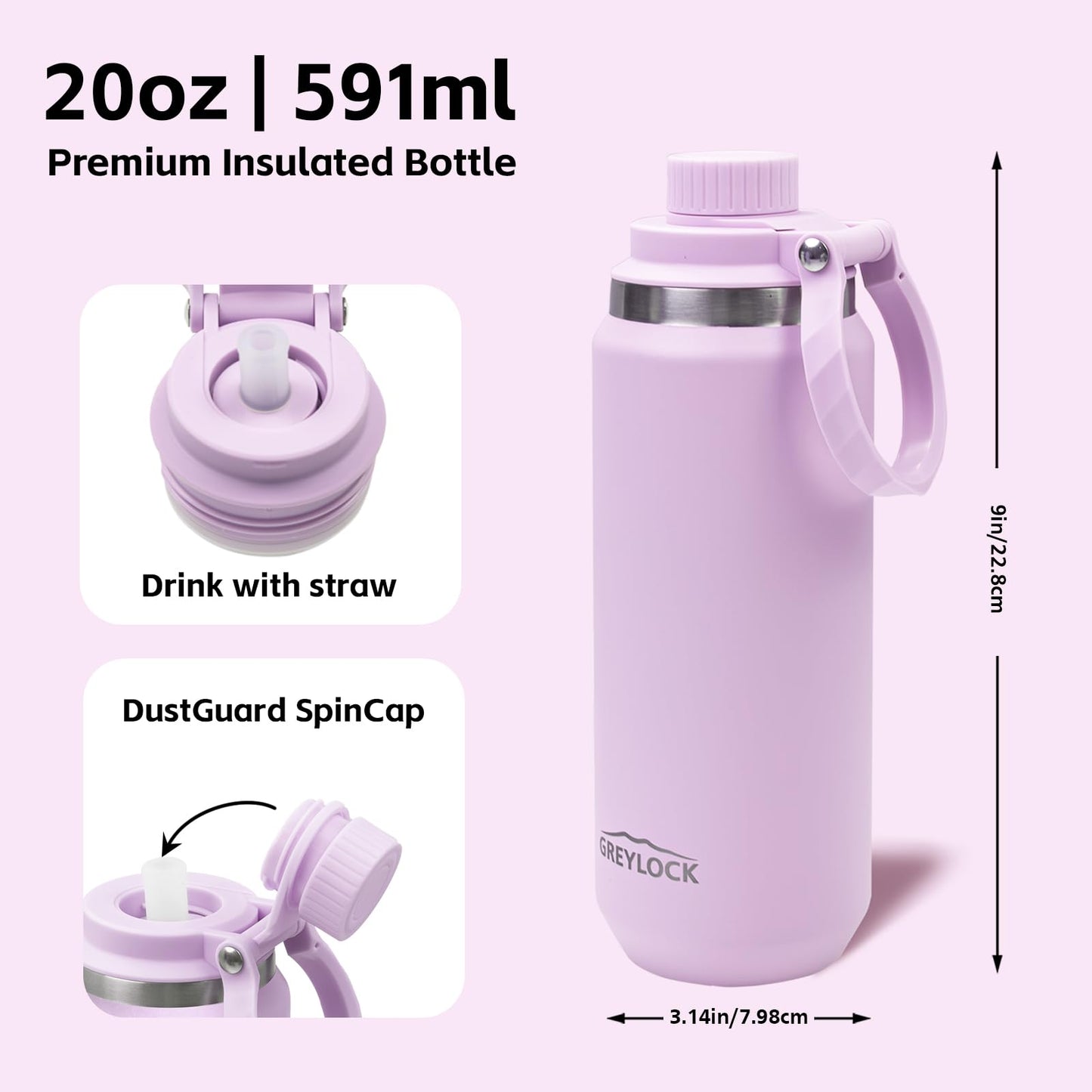 20 oz Greylock Insulated Stainless Steel Water Bottle with Straw Lid, Foldable Handle, Leak-Proof, Double-Wall Vacuum Insulation, Keeps Cold 24H, Lilac