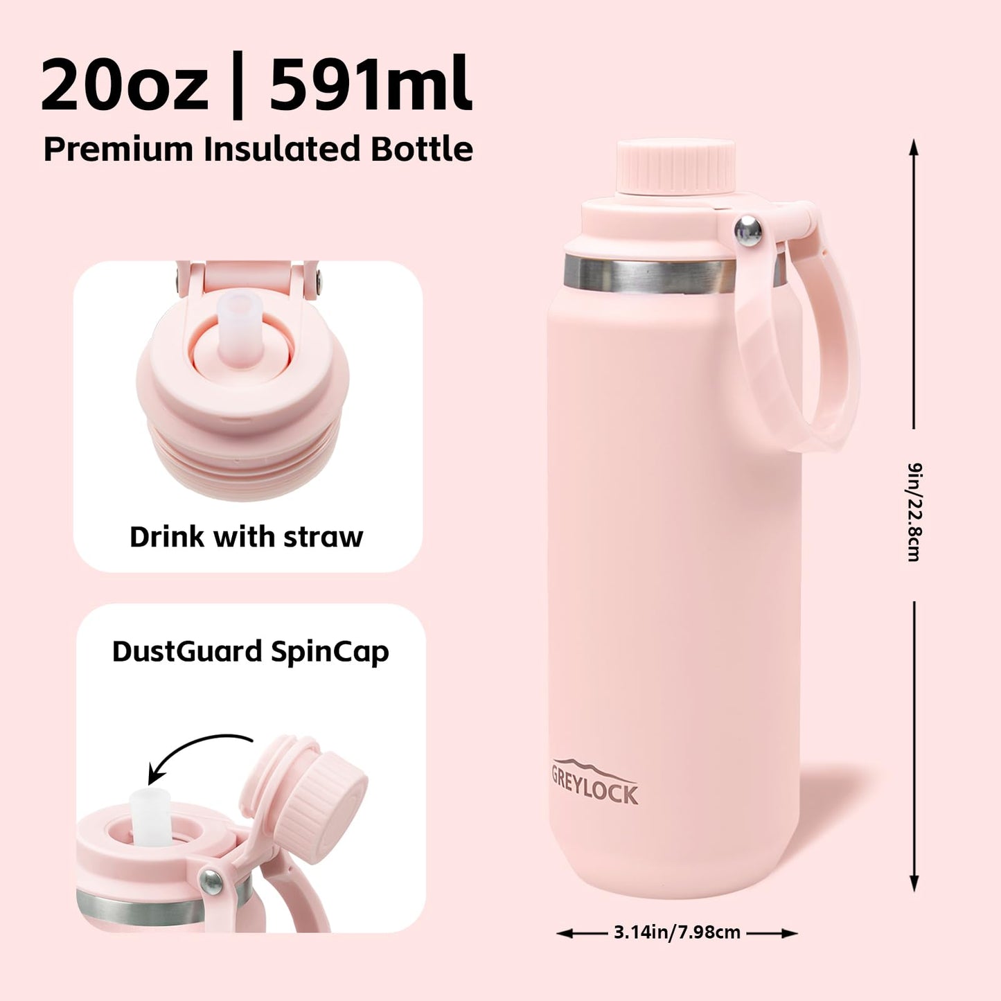 20 oz Greylock Insulated Stainless Steel Water Bottle with Straw Lid, Foldable Handle, Leak-Proof, Double-Wall Vacuum Insulation, Keeps Cold 24H, Light Pink