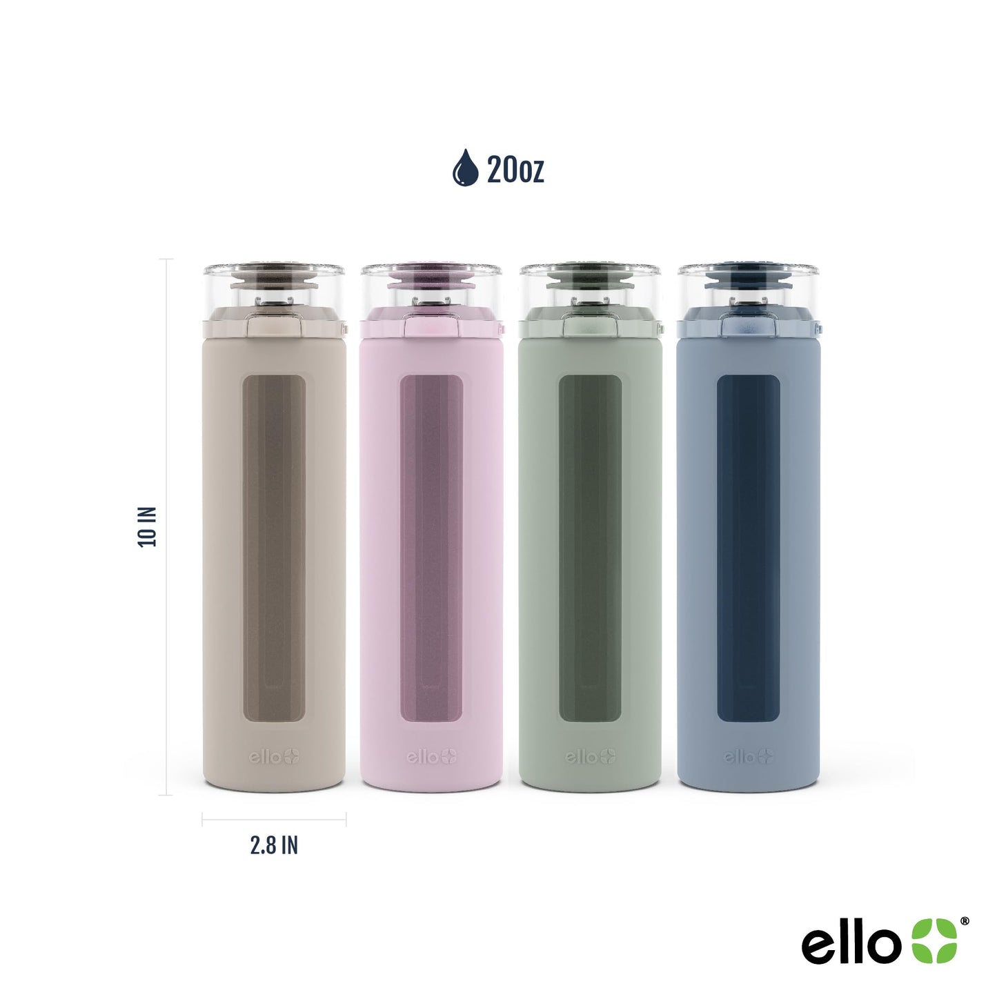 20 oz Ello Syndicate Reusable Glass Water Bottle with One-Touch Leak-Proof Flip Lid, Non-Slip Silicone Sleeve, Carry Loop, BPA-Free, Dishwasher Safe, Cashmere Pink