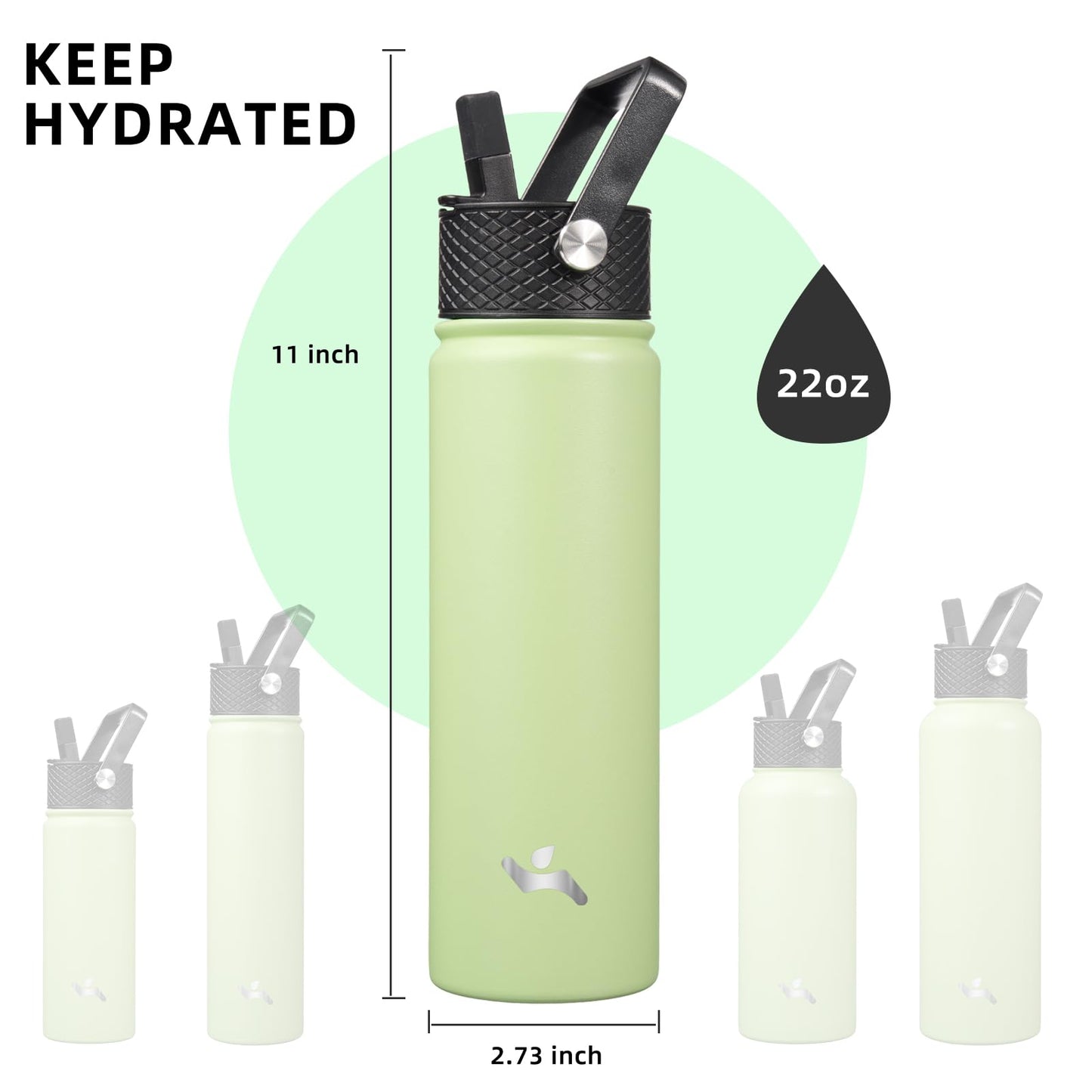 22oz Stainless Steel Bottles with 3 Lids Sport Insulated Water Bottle,Macaron Green