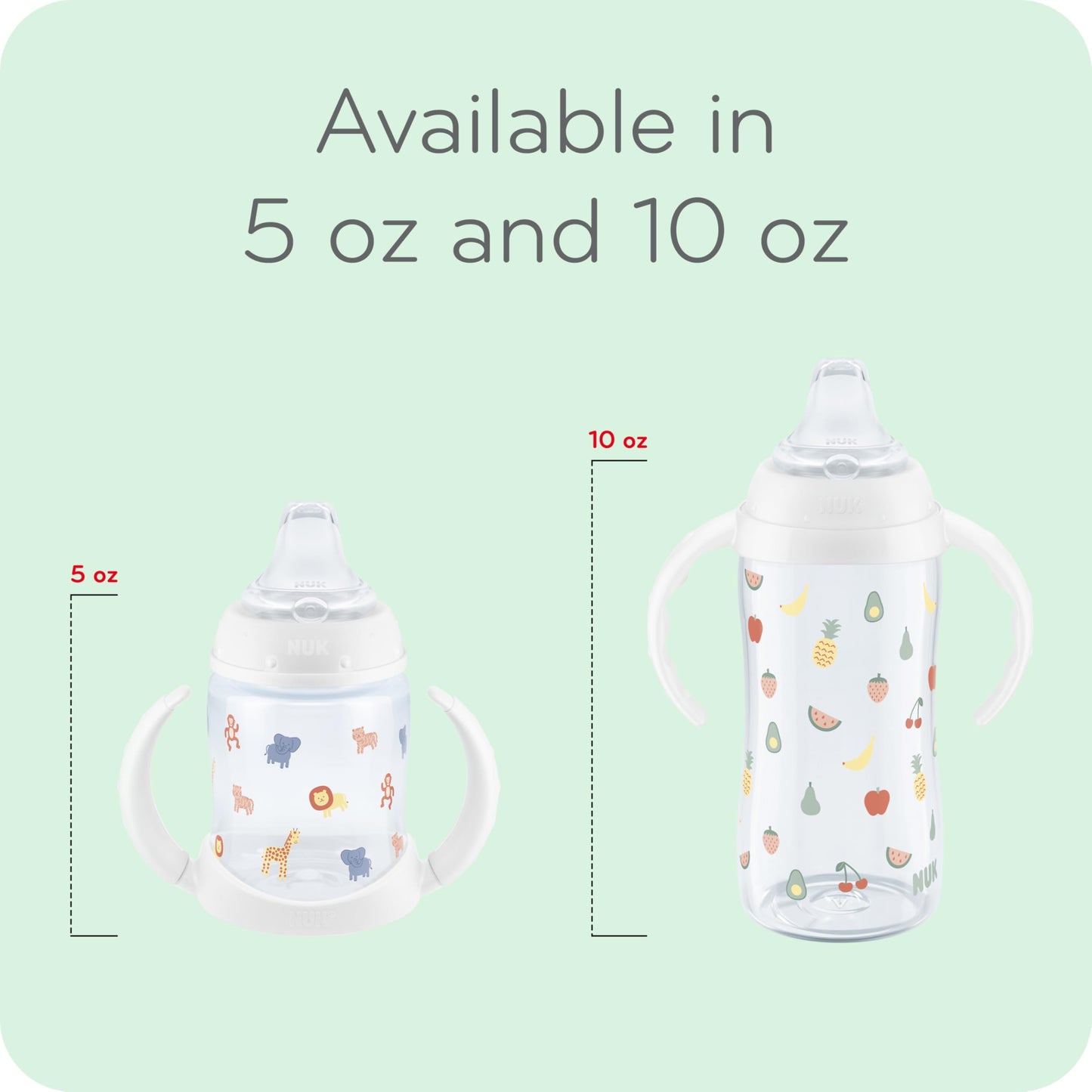 NUK Learner Sippy Cup – 10 oz, 2-Pack, Fun Fruits & Animals Design, Amazon Exclusive, BPA-Free, Spill-Proof, Soft Spout, for Babies 8+ Months