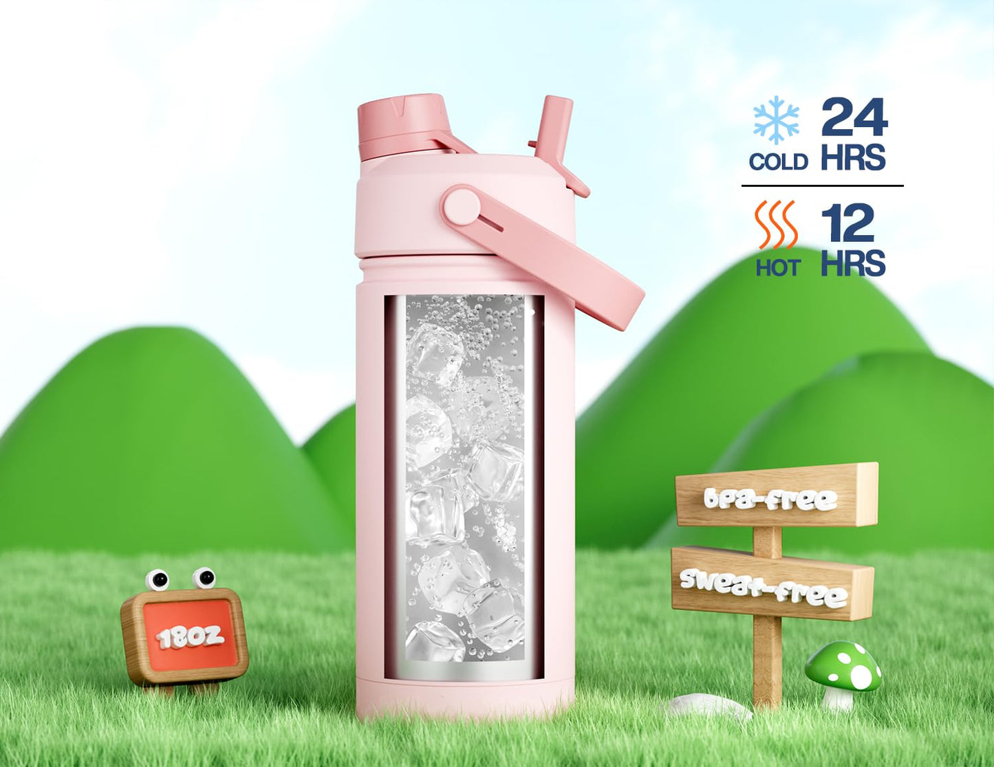 12 oz Kids Insulated Stainless Steel Water Bottle, 2-in-1 Straw Spout, Leak-Proof, BPA-Free, Cold 24H, Easy Carry, Pink Confetti, School, Sports, Camping Gift