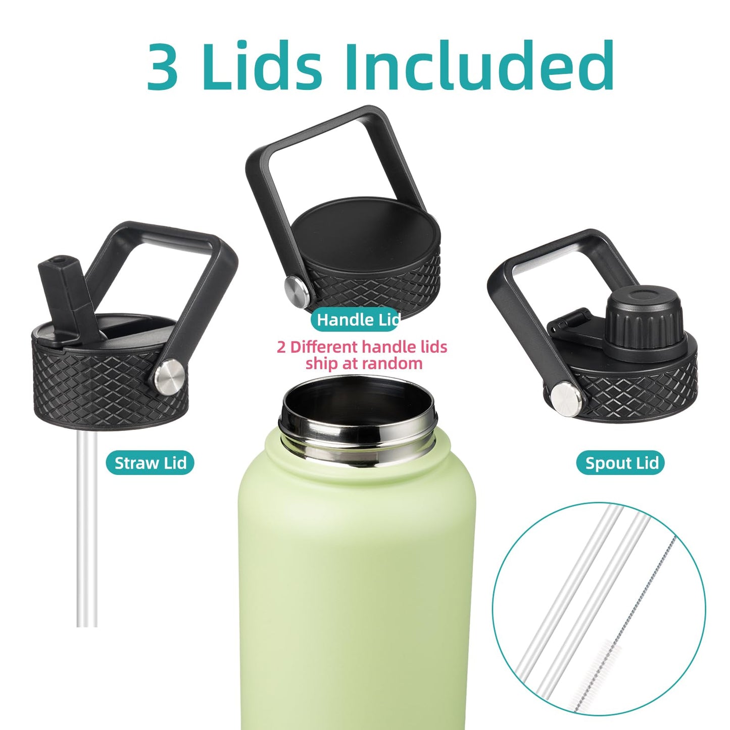 32 oz Stainless Steel Insulated Water Bottle with 3 Lids, Reusable Sports Bottle, Double Wall Vacuum Flask, Macaron Green