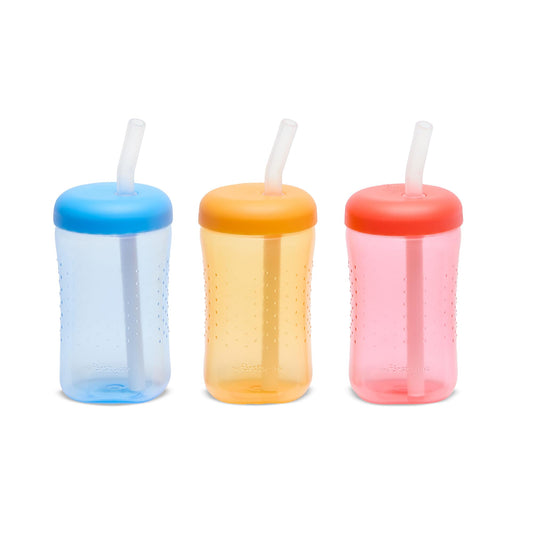 3 Pack 7 oz The First Years Squeeze & Sip Toddler Straw Cups, Squeezable Transition Sippy Cups with Silicone Straw, Blue, Yellow, Red, Ages 6 Months+