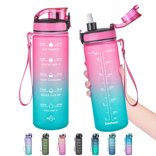 Enerbone Leak-Proof BPA-Free Motivational Water Bottle with Straw and Time Markers, Fitness Sports Bottle with Strap for Office, Gym, Outdoors