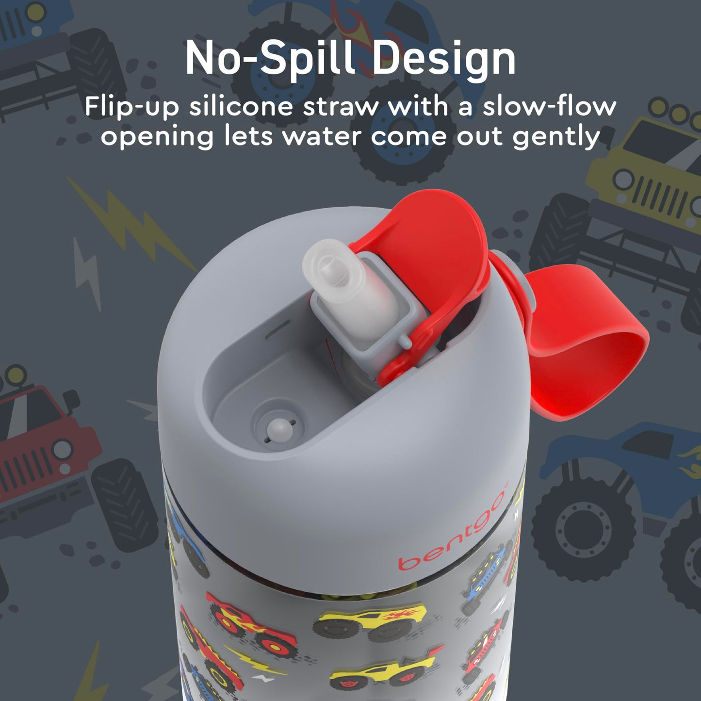 15 oz Bentgo Kids Water Bottle, Leak-Proof Durable Tritan, BPA-Free, Safe Sip Spout with Carry Handle, Dishwasher Safe, Trucks Design, Ages 3+, School, Sports, Daycare, Camp