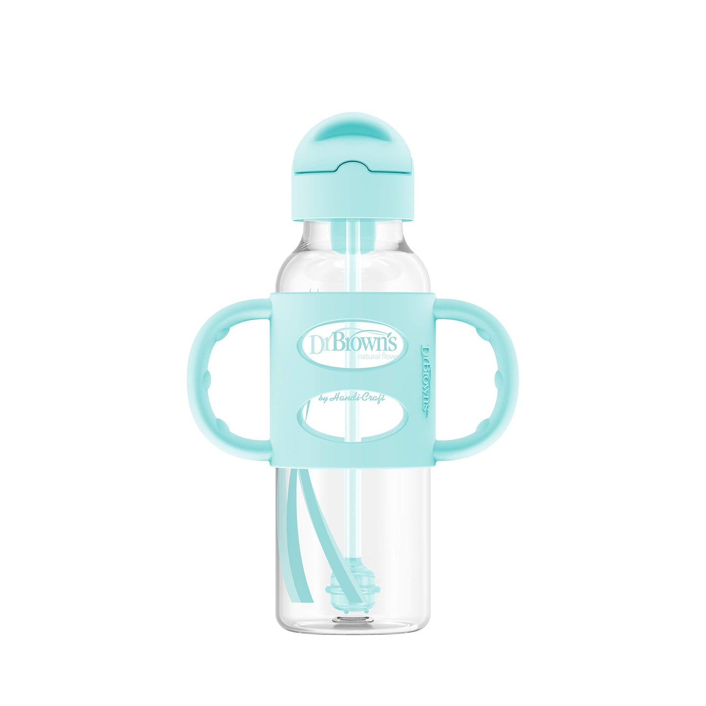Dr. Brown's Milestones Narrow Sippy Straw Bottle, 8 oz/250 mL, Spill-Proof with Weighted Straw & 100% Silicone Handles, BPA-Free, Gray & Green, 6m+