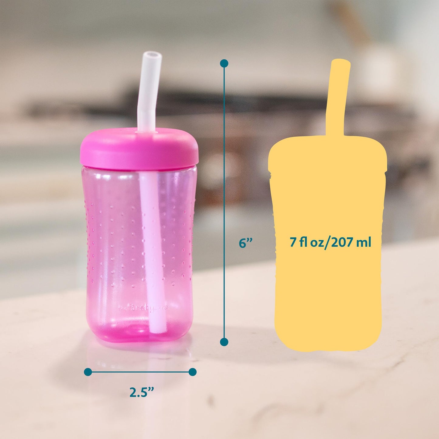 3 Pack 7 oz The First Years Squeeze & Sip Toddler Straw Cups, Squeezable Transition Sippy Cups with Silicone Straw, Yellow, Pink, Orange, Ages 6 Months+