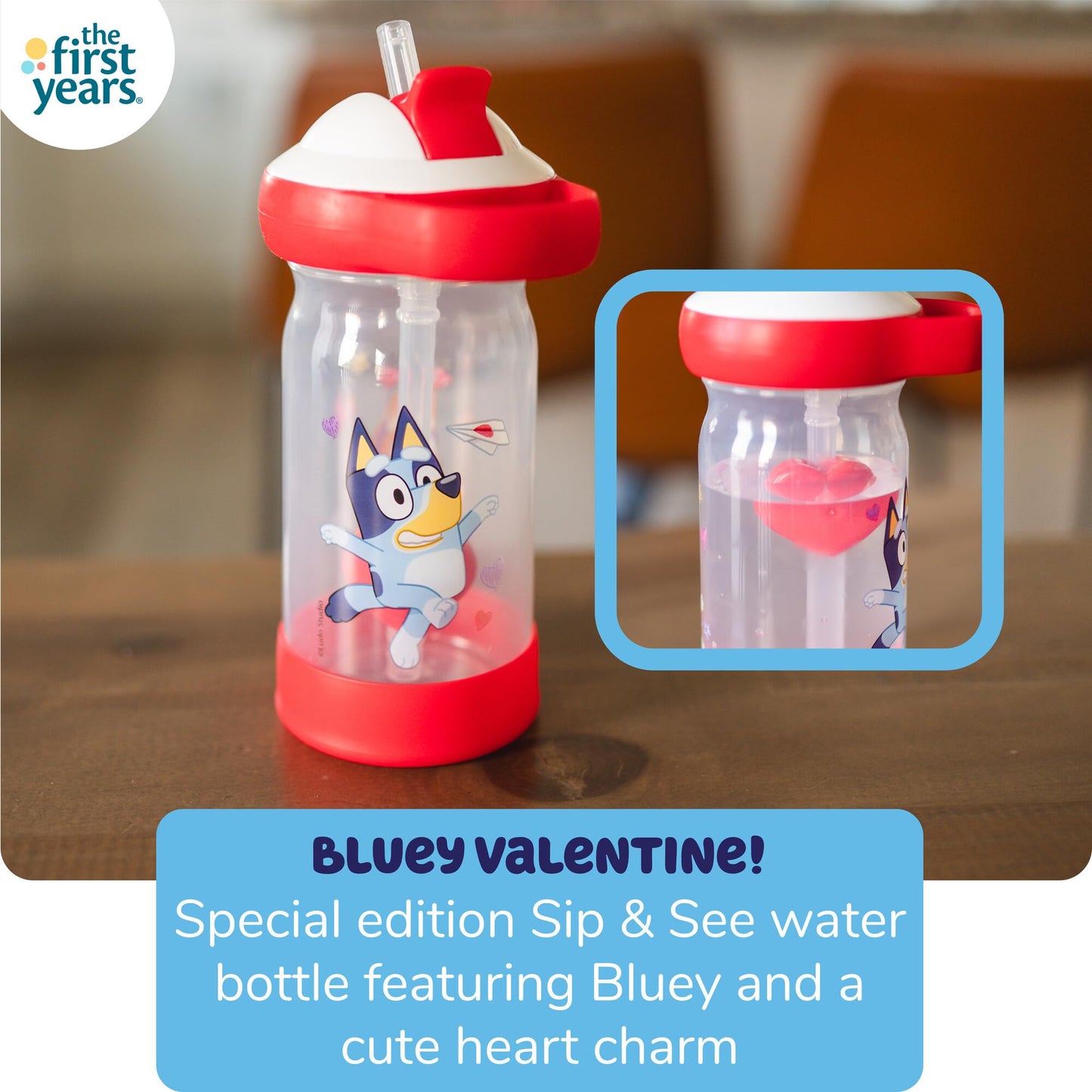 The First Years Bluey Sip & See Valentines Day Cup - Spill Proof Toddler Water Bottle with Floating Charm - Bluey Kids Cups with DropGuard - Toddler and Kids Valentines Day Gifts - 12 Ounces