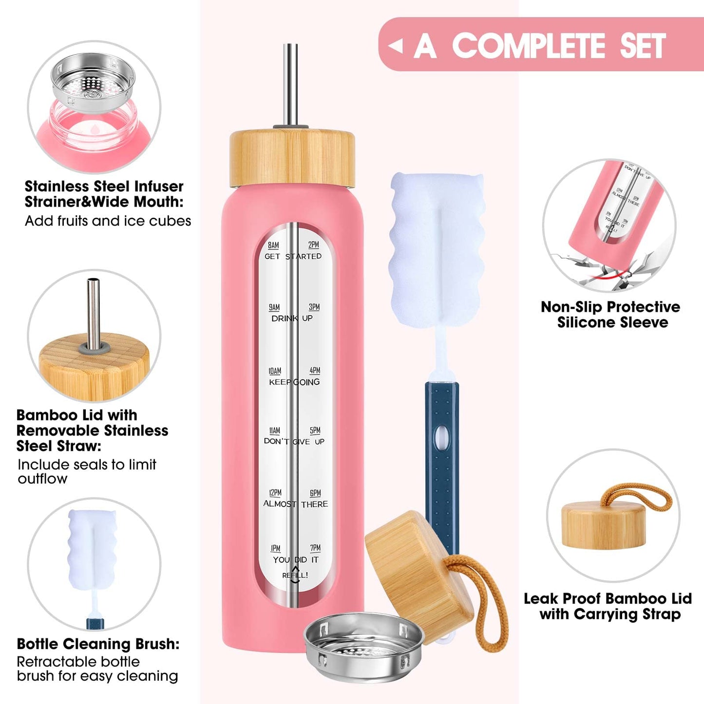 32 oz Glass Water Bottle with Straw - Motivational Time Marker & Silicone Sleeve - Reusable Tumbler Includes 2 Bamboo Lids & Fruit Infuser - 1 Pack
