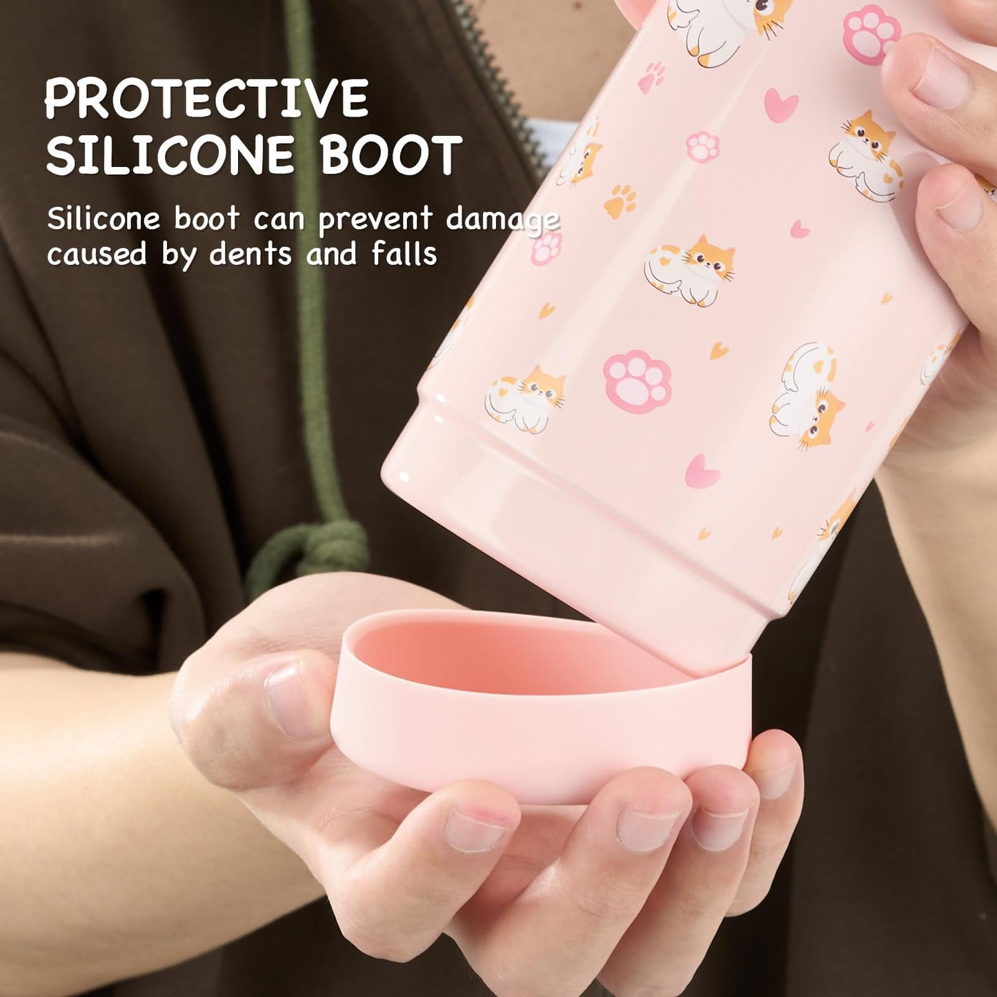 12 oz Kerilyn Kids Stainless Steel Insulated Water Bottle with Straw, Leak-Proof, BPA-Free, Kitty Design, Toddler Cup for School Boys & Girls