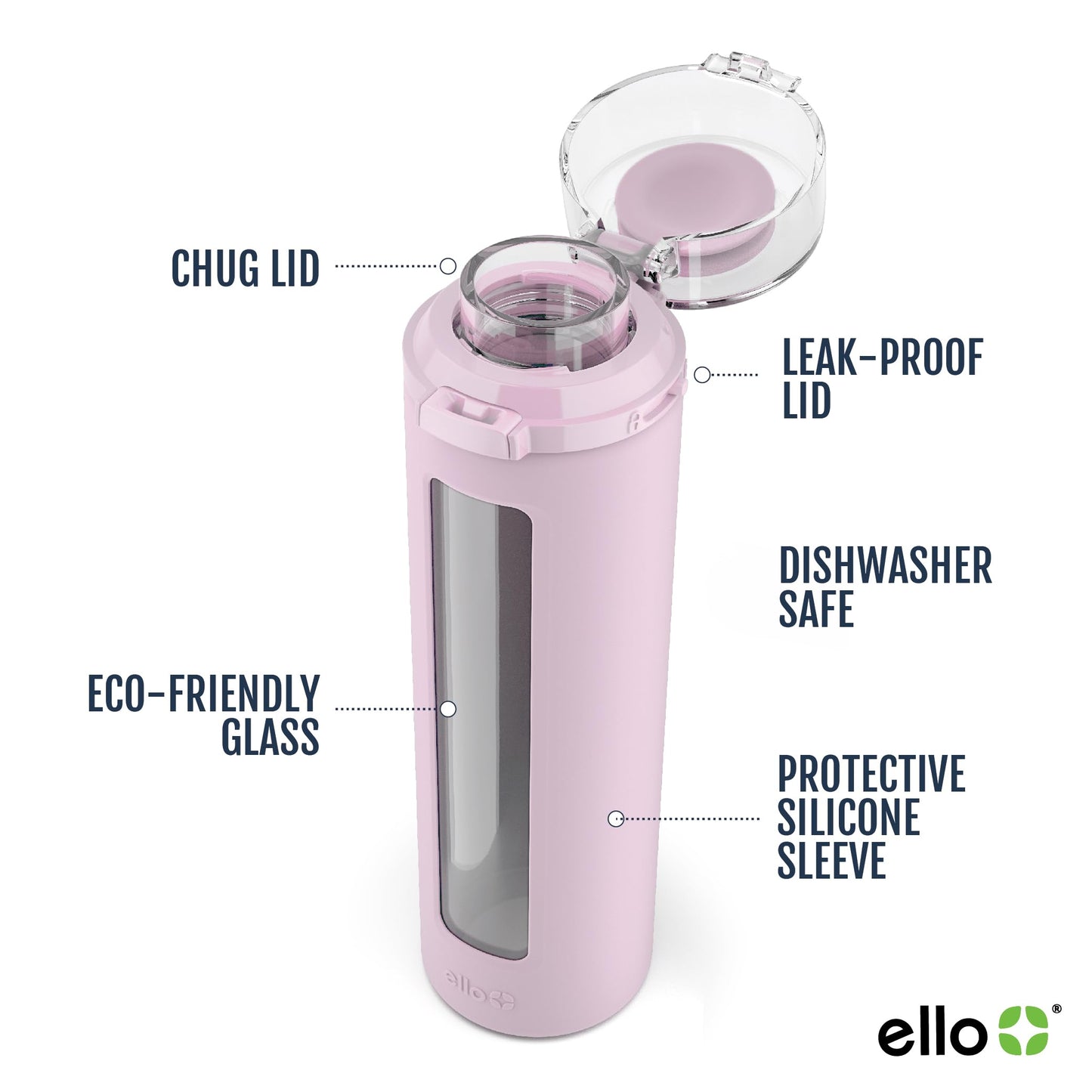 20 oz Ello Syndicate Reusable Glass Water Bottle with One-Touch Leak-Proof Flip Lid, Non-Slip Silicone Sleeve, Carry Loop, BPA-Free, Dishwasher Safe, Cashmere Pink