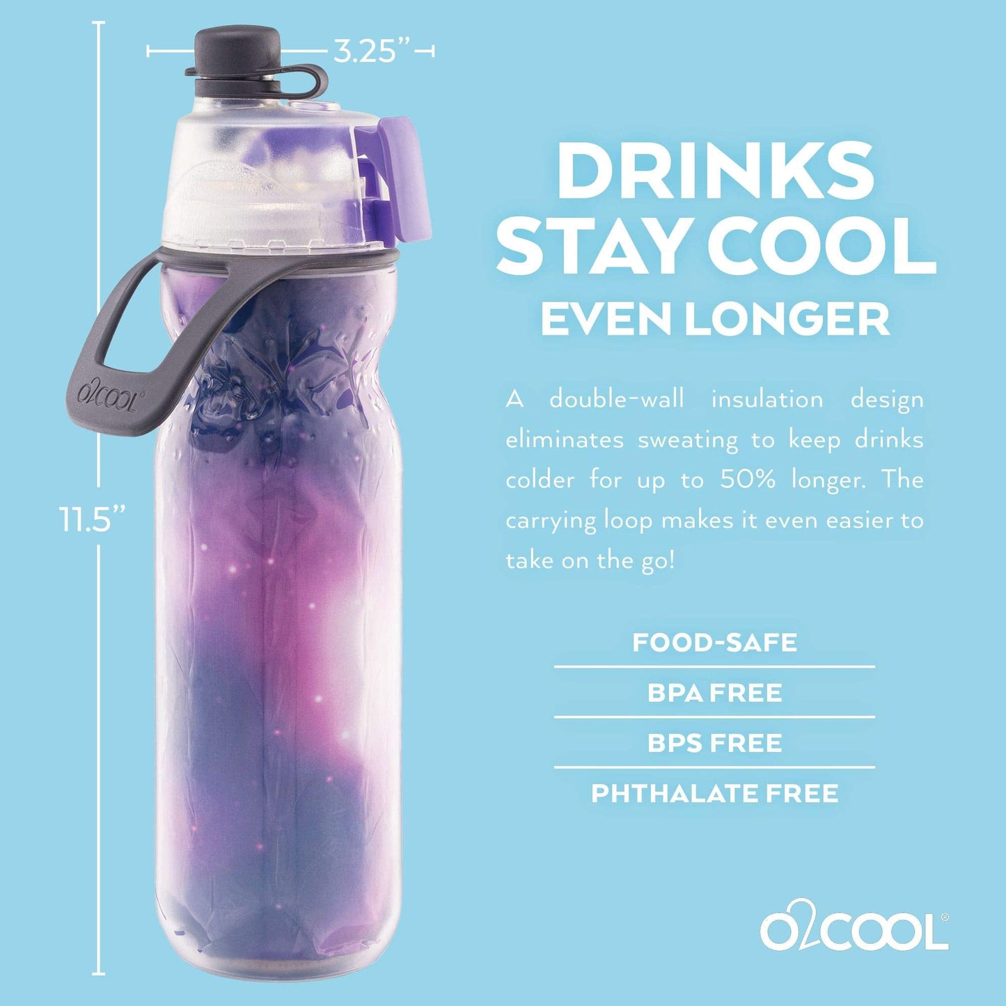 20 oz O2COOL Mist 'N Sip Water Bottle, 2-in-1 Mist and Sip, No-Leak Pull Top Spout, Reusable Sports Bottle, Pink Palm Tree