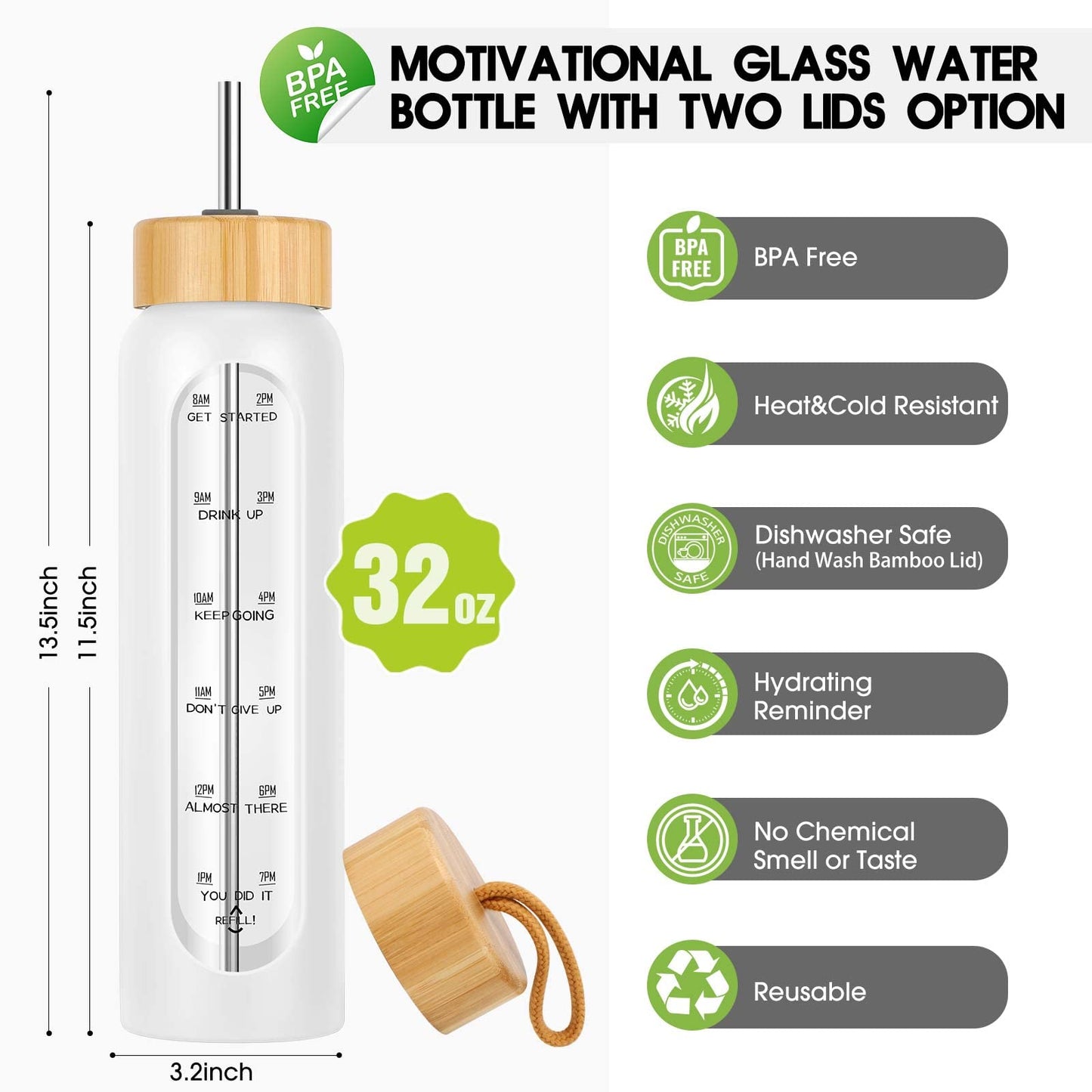 32 oz Glass Water Bottle with Straw, Motivational Time Marker, Silicone Sleeve, Reusable Tumbler with 2 Bamboo Lids and Fruit Infuser, 1 Pack