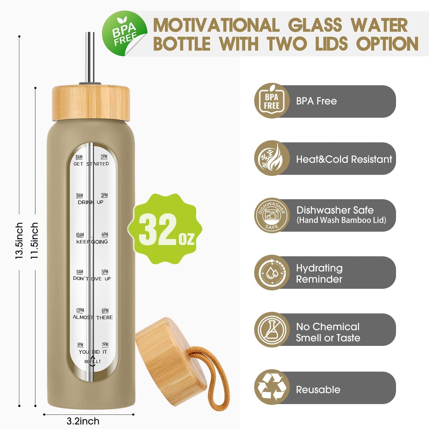 32 oz Glass Water Bottle with Straw, Motivational Time Marker, Silicone Sleeve, Reusable Tumbler with 2 Bamboo Lids and Fruit Infuser, 1 Pack