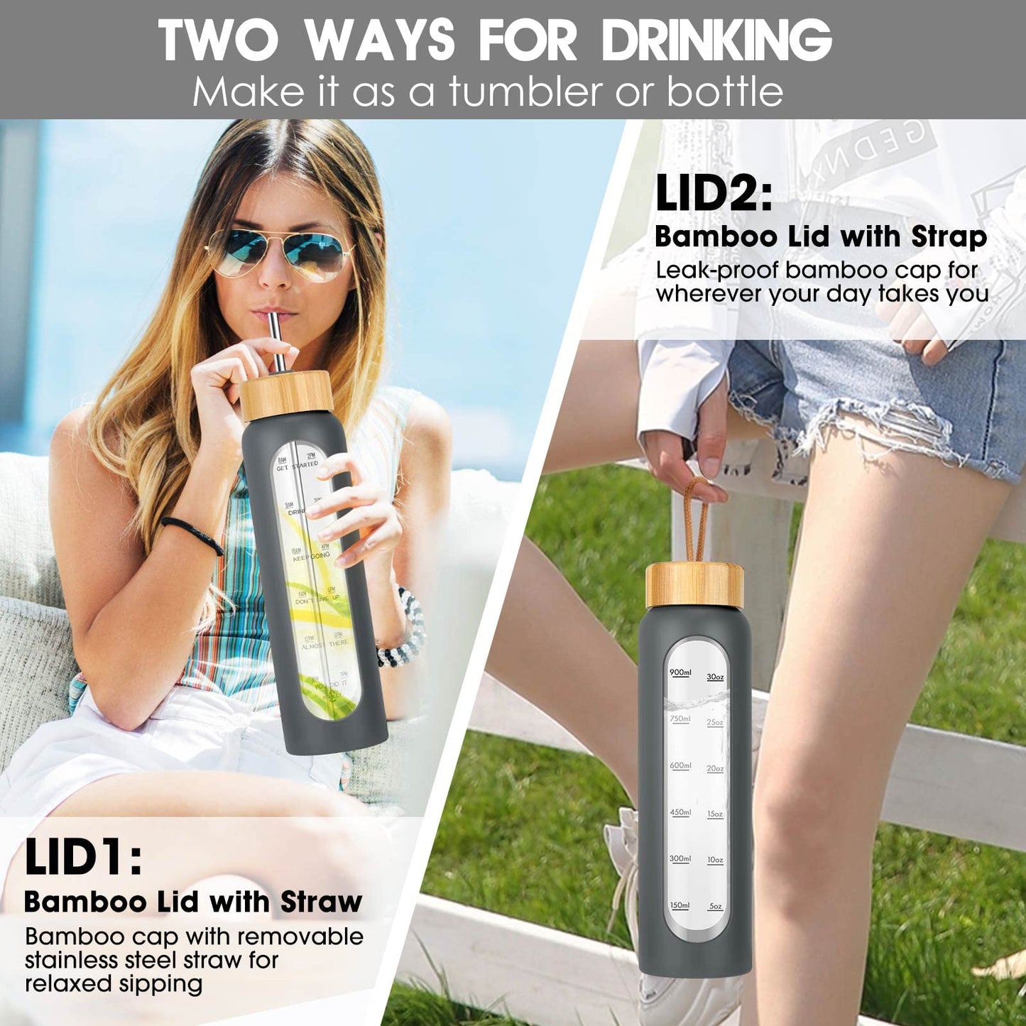 32 oz Glass Water Bottle with Straw, Motivational Time Marker, Silicone Sleeve, Reusable Tumbler with 2 Bamboo Lids and Fruit Infuser, 1 Pack