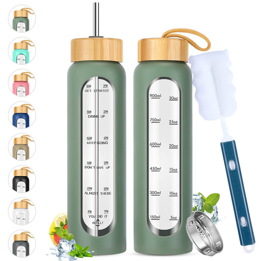 32 oz Glass Water Bottle with Straw, Motivational Time Marker, Silicone Sleeve, Reusable Tumbler with 2 Bamboo Lids and Fruit Infuser, 1 Pack