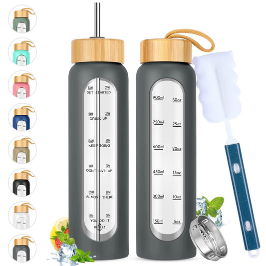 32 oz Glass Water Bottle with Straw, Motivational Time Marker, Silicone Sleeve, Reusable Tumbler with 2 Bamboo Lids and Fruit Infuser, 1 Pack