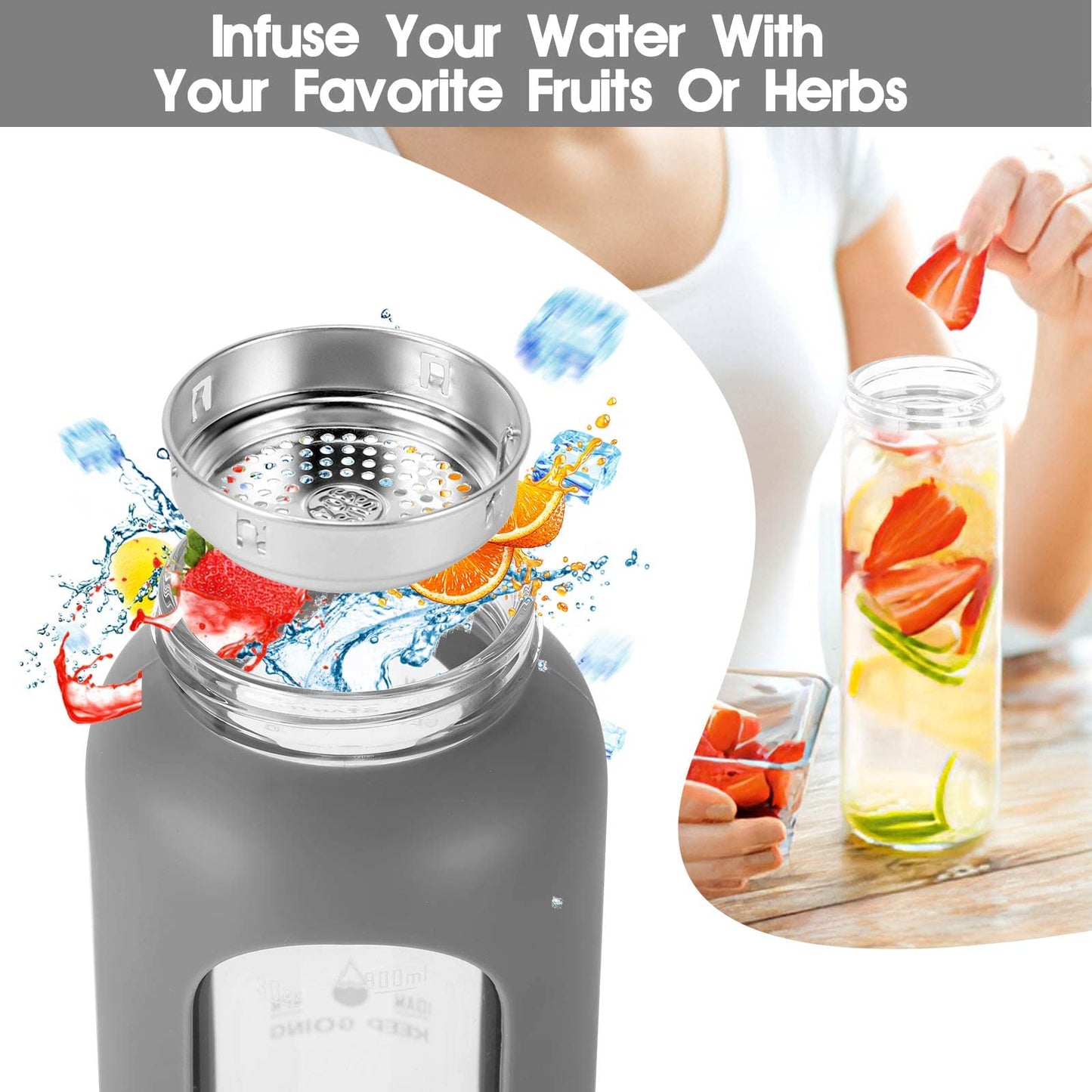 32 oz Glass Water Bottle with Straw, Motivational Time Marker, Silicone Sleeve, Reusable Tumbler with 2 Bamboo Lids and Fruit Infuser, 1 Pack