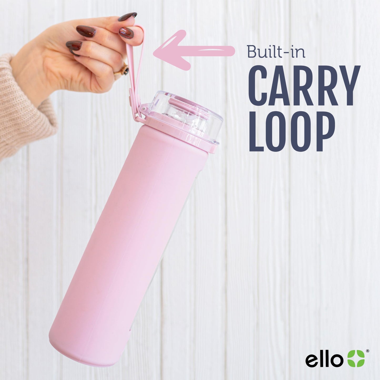 20 oz Ello Syndicate Reusable Glass Water Bottle with One-Touch Leak-Proof Flip Lid, Non-Slip Silicone Sleeve, Carry Loop, BPA-Free, Dishwasher Safe, Cashmere Pink