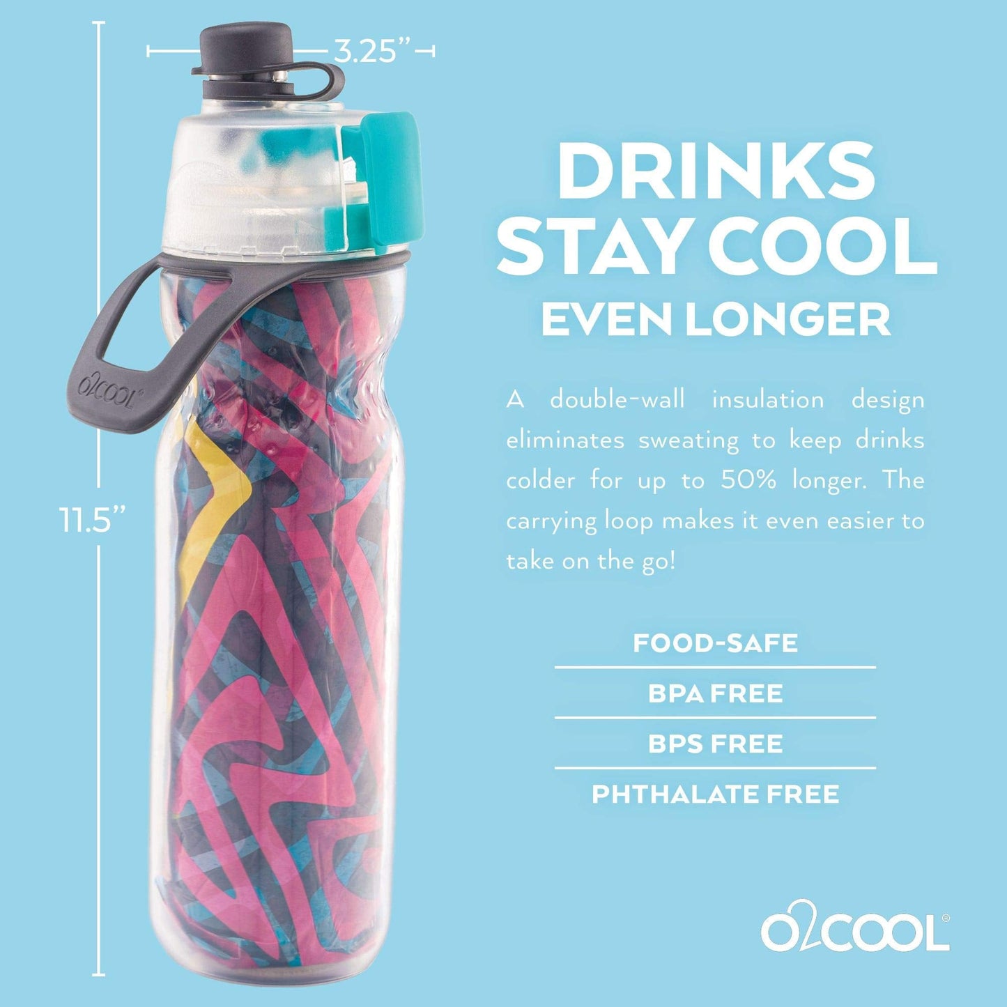O2COOL Mist 'N Sip Misting Water Bottle 2-in-1 Mist And Sip Function With No Leak Pull Top Spout Reusable Sports Water Bottle - 20 oz (Artist)