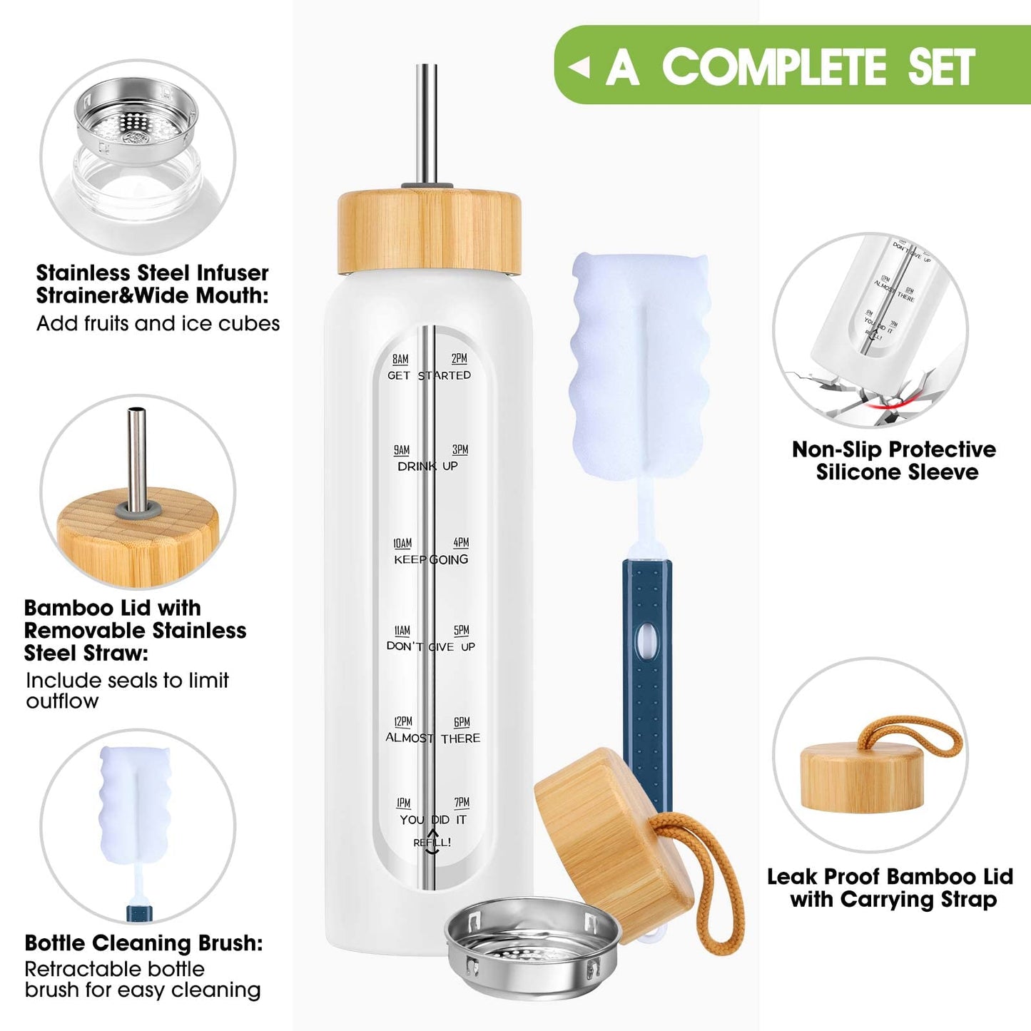 32 oz Glass Water Bottle with Straw, Motivational Time Marker, Silicone Sleeve, Reusable Tumbler with 2 Bamboo Lids and Fruit Infuser, 1 Pack