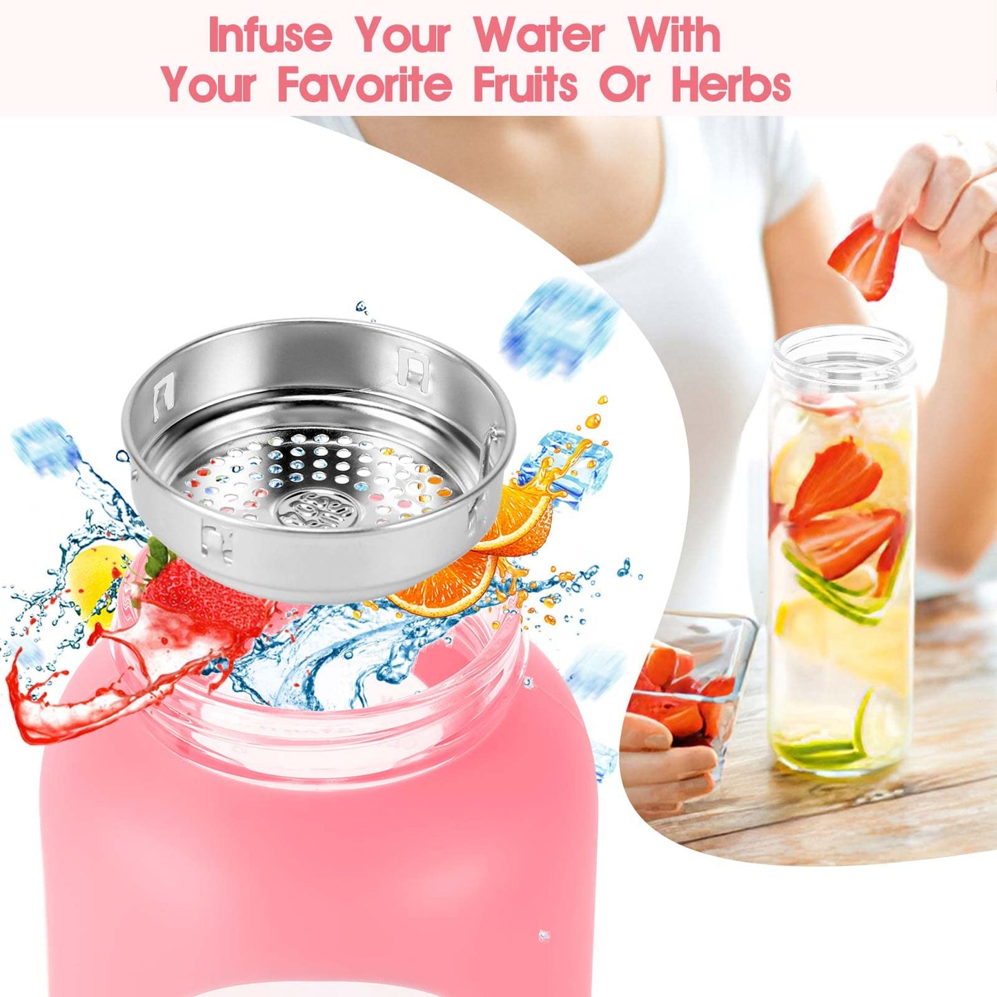 32 oz Glass Water Bottle with Straw - Motivational Time Marker & Silicone Sleeve - Reusable Tumbler Includes 2 Bamboo Lids & Fruit Infuser - 1 Pack