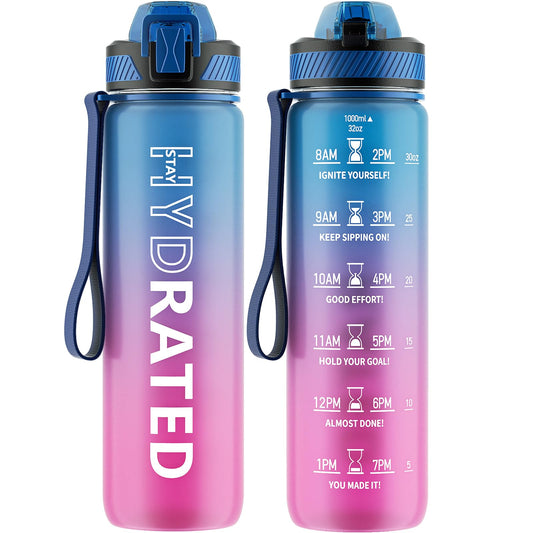 32 oz Motivational Water Bottle with Straw, Time Marker, BPA-Free Tritan, 1L Leak-Proof Sports Bottle with Carry Strap for Women, Gym, Fitness, Outdoor