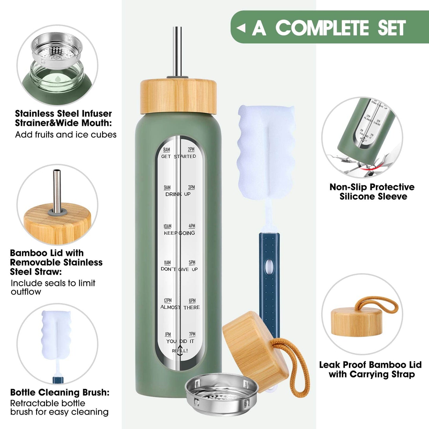 32 oz Glass Water Bottle with Straw, Motivational Time Marker, Silicone Sleeve, Reusable Tumbler with 2 Bamboo Lids and Fruit Infuser, 1 Pack