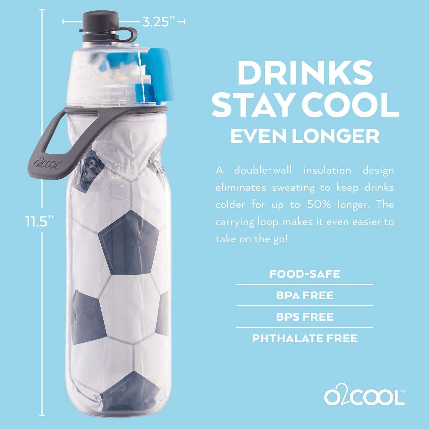 2 Pack 20 oz O2COOL Mist 'N Sip Water Bottles, 2-in-1 Mist and Sip, No-Leak Pull Top Spout, Reusable Sports Bottles, Soccer
